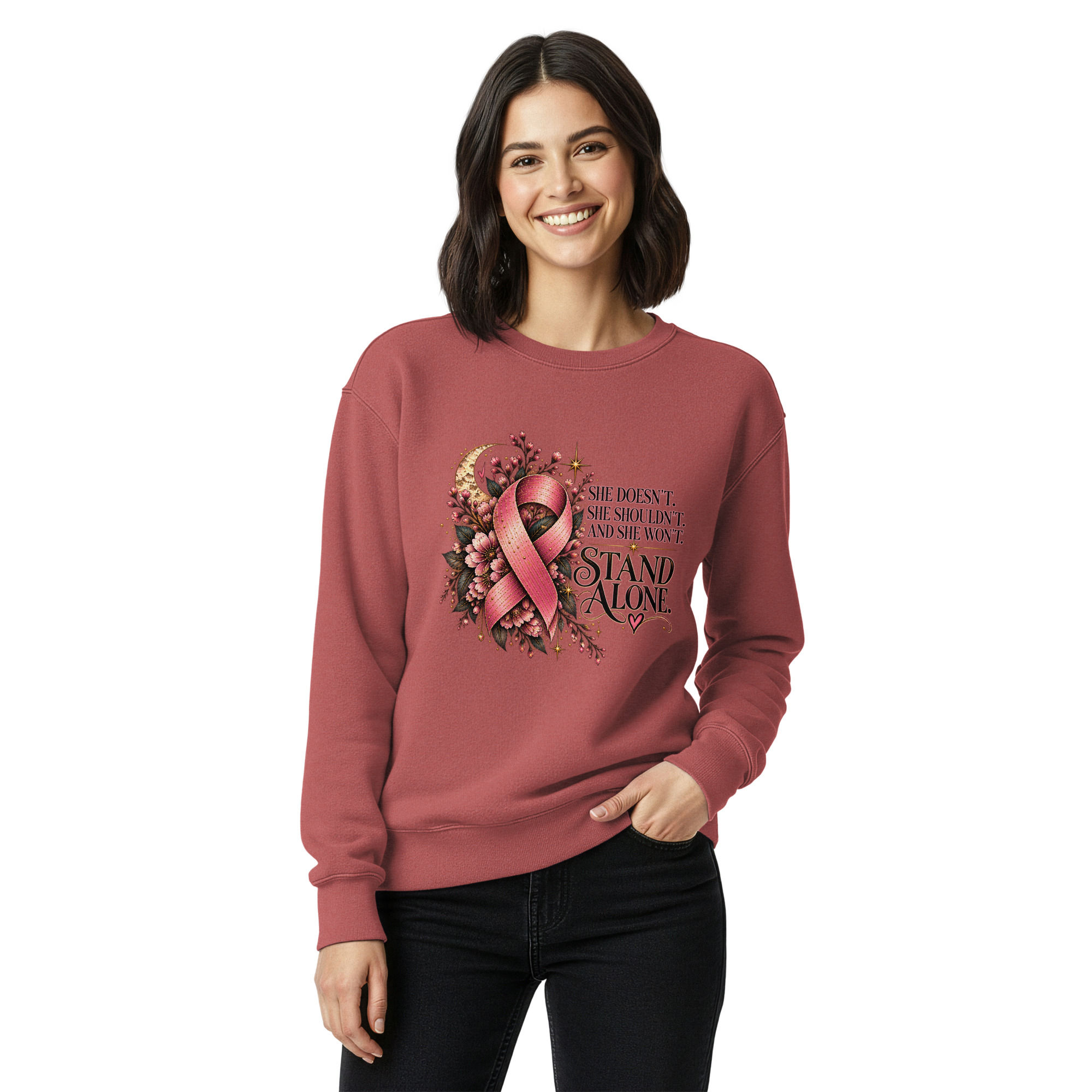 Woman wearing Stand Alone breast cancer awareness crewneck in crimson