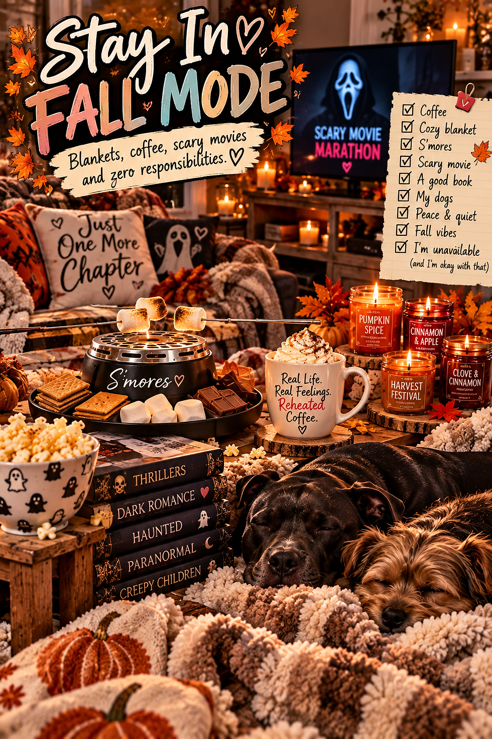 Cozy fall movie night with coffee, blankets, s'mores, books, candles and dogs relaxing at home