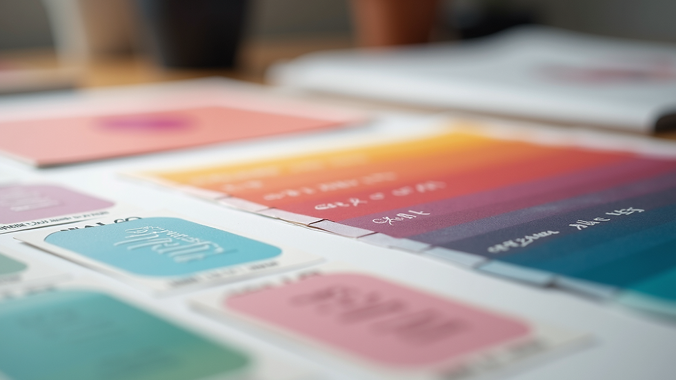 close-up view of a color palette and typography samples on a designer's desk