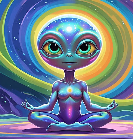 animated alien in meditative yoga pose with a psychedelic background