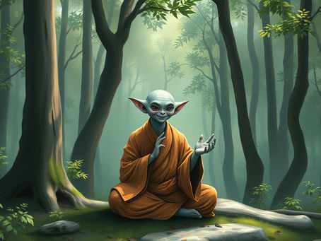 An alien dressed as a monk meditatively practices Shinrin-yoku, or forest bathing, amidst the tranquil greenery of a serene forest.