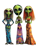 three hippie dressed Aliens Standing