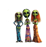 three hippie dressed Aliens Standing