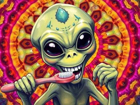 A happy Alien brushing its teeth on a psychedelic kaleidoscope background;