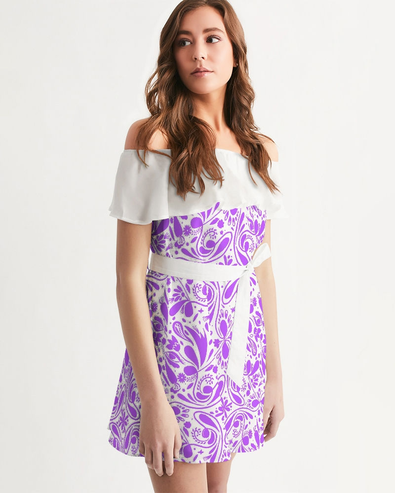 Thumbnail: Pink Floral Women's All-Over Print Off-Shoulder Dress