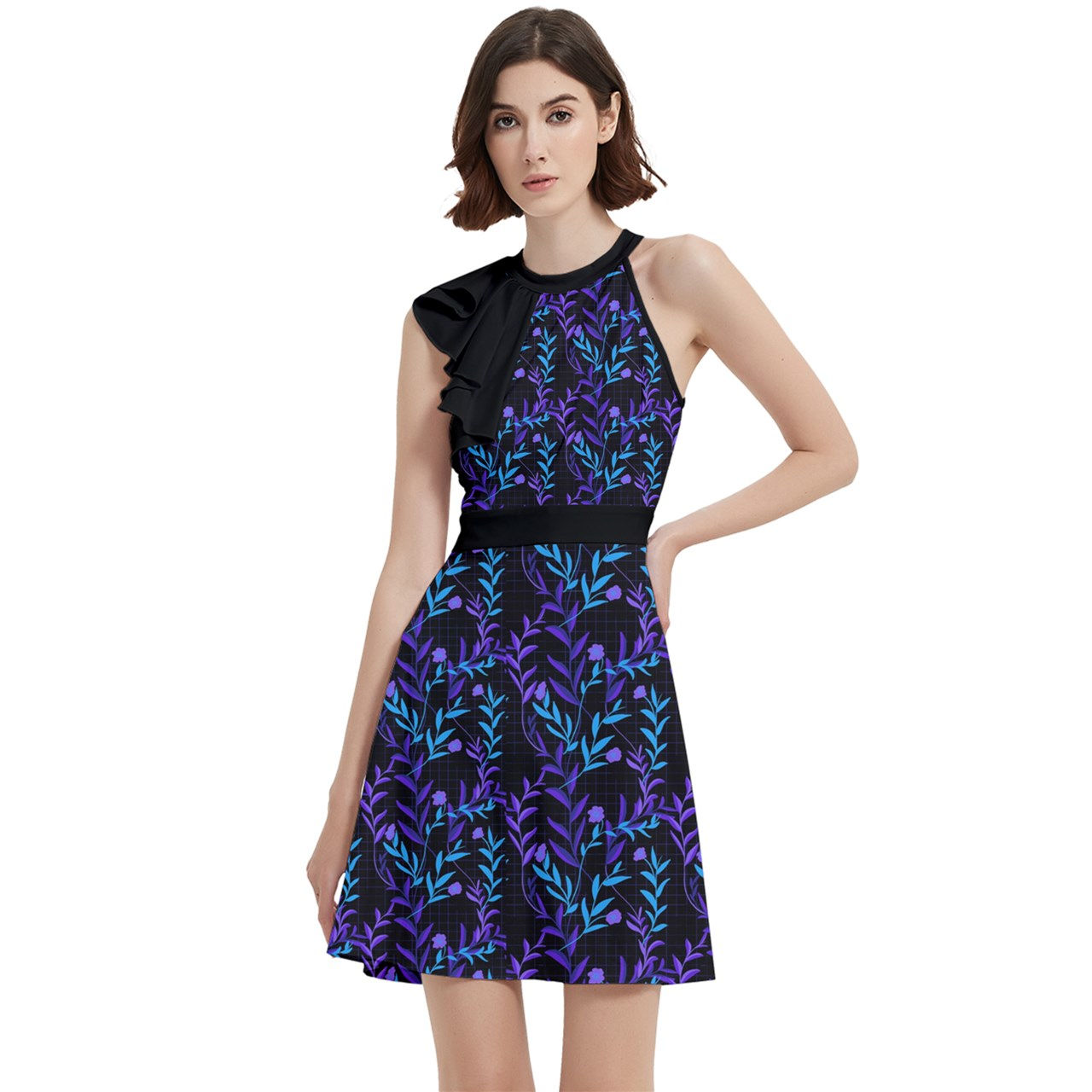 ca5938 Floral-blacknblue Cocktail Party Halter Sleeveless Dress With Pockets