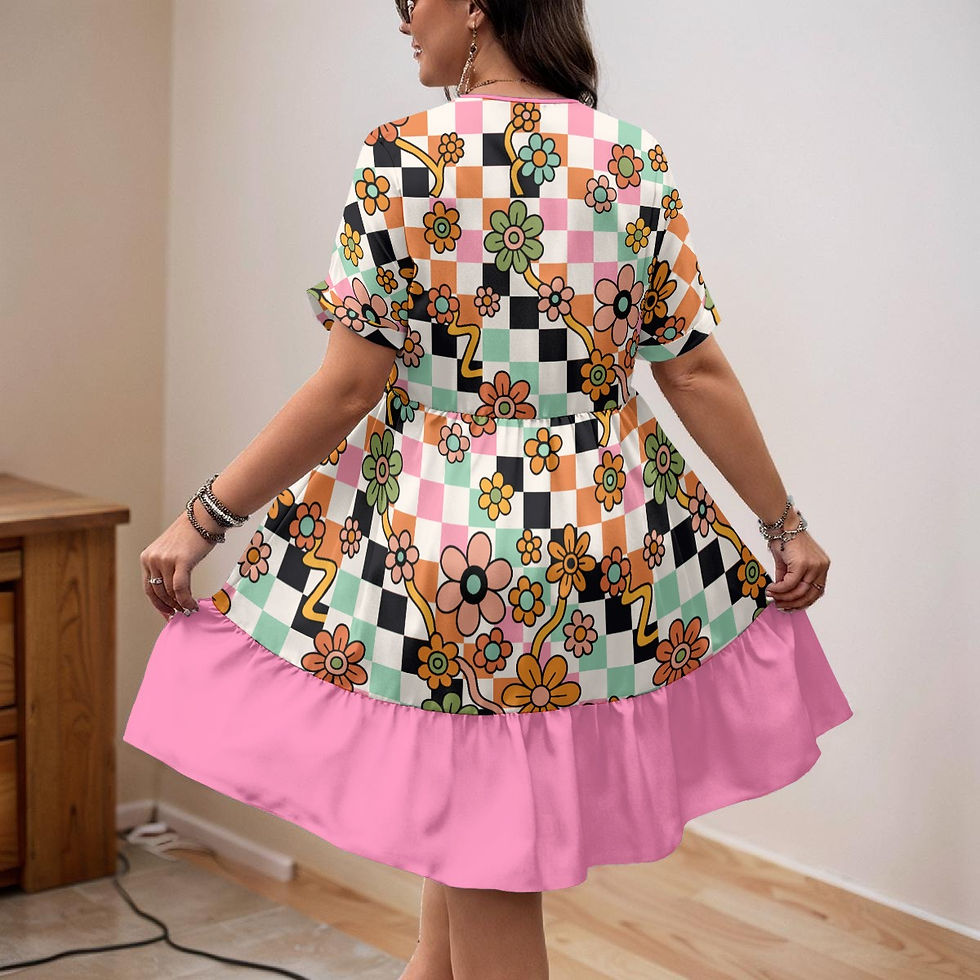 Thumbnail: retro 70s floral checks- Women’s Floral V-Neck Dress
