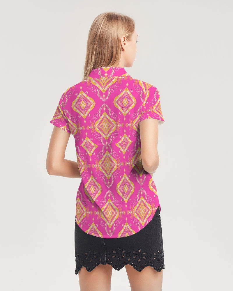 Thumbnail: Boho_pink Women's All-Over Print Short Sleeve Button Up