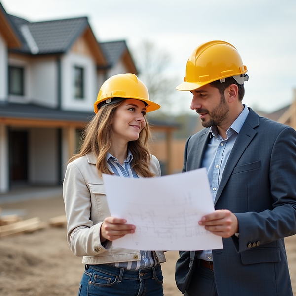 A professional architect reviewing blueprints on a construction site with a homeowner, dem