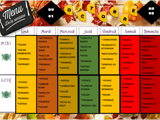 Menu du 02 au 08 octobre 