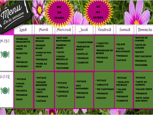 MENU DU 30MARS AU 5 AVRIL