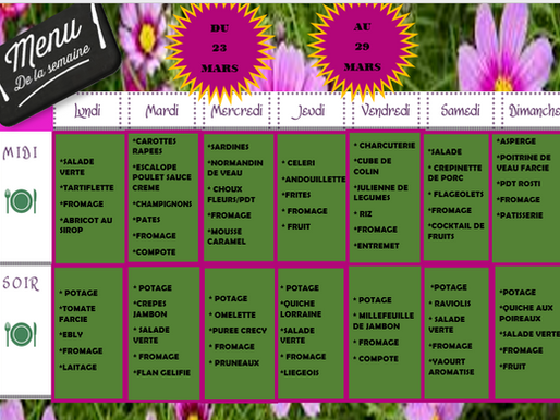 MENU DU 23 AU 29 MARS