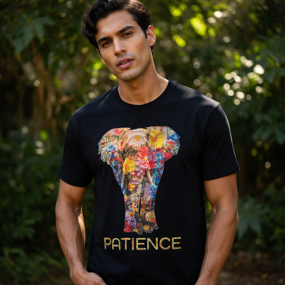 Young man outdoors wearing a black T-shirt with a colorful elephant and PATIENCE, against a leafy green background.