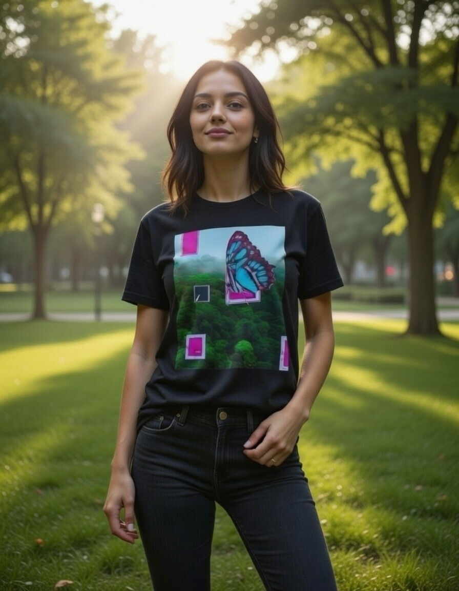 Model wearing Unisex Black tshirt, Metamorphosis Analog collage art