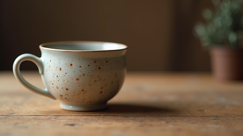 Close-up view of a handmade ceramic cup on a wooden table, symbolizing care and craftsmanship