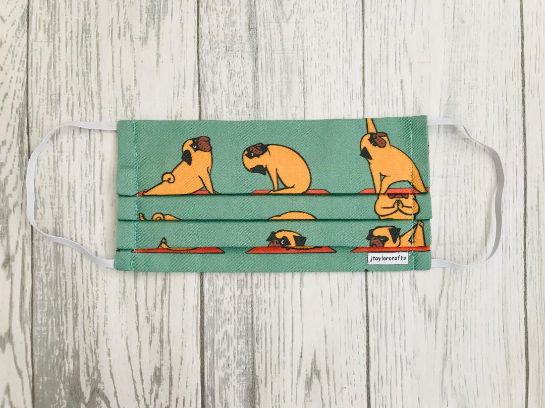 Green Yoga Pug  Pleated Face Mask
