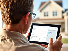 Hyper-realistic image of a homeowner filling out a form online on a tablet. THe view is ov