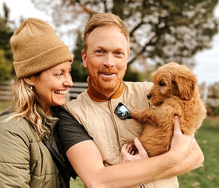 a goldendoodle puppy meeting his forever family for the first time