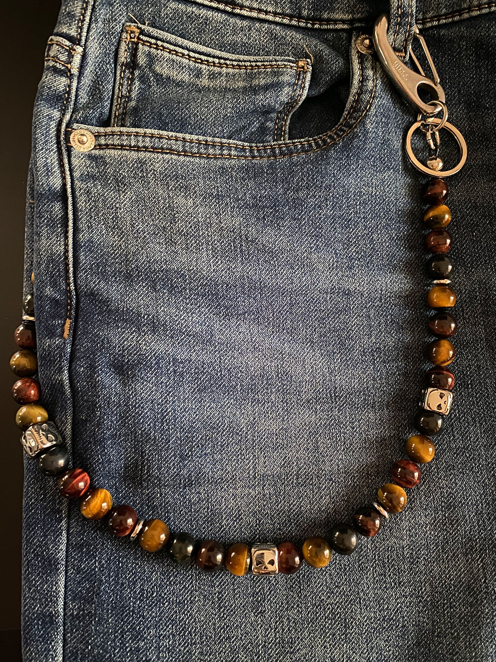 Chaîne de portefeuille en pierres fines de 12mm pour hommes et charms en acier inoxydable sur jeans