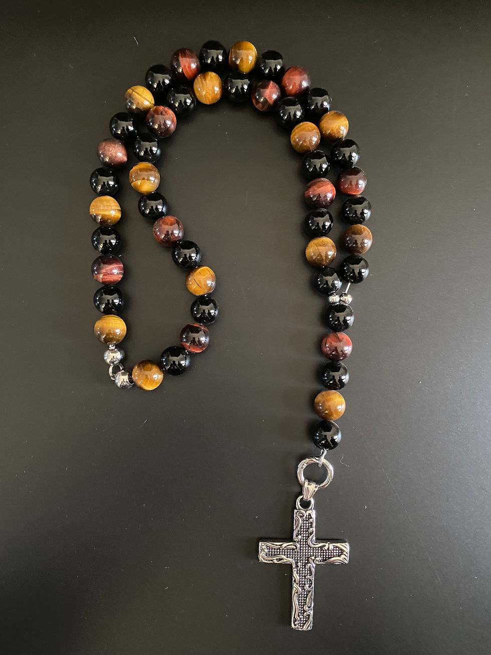CHAPELET 14MM en Mix Œil de Taureau, Œil de Tigre & Onyx Brillante