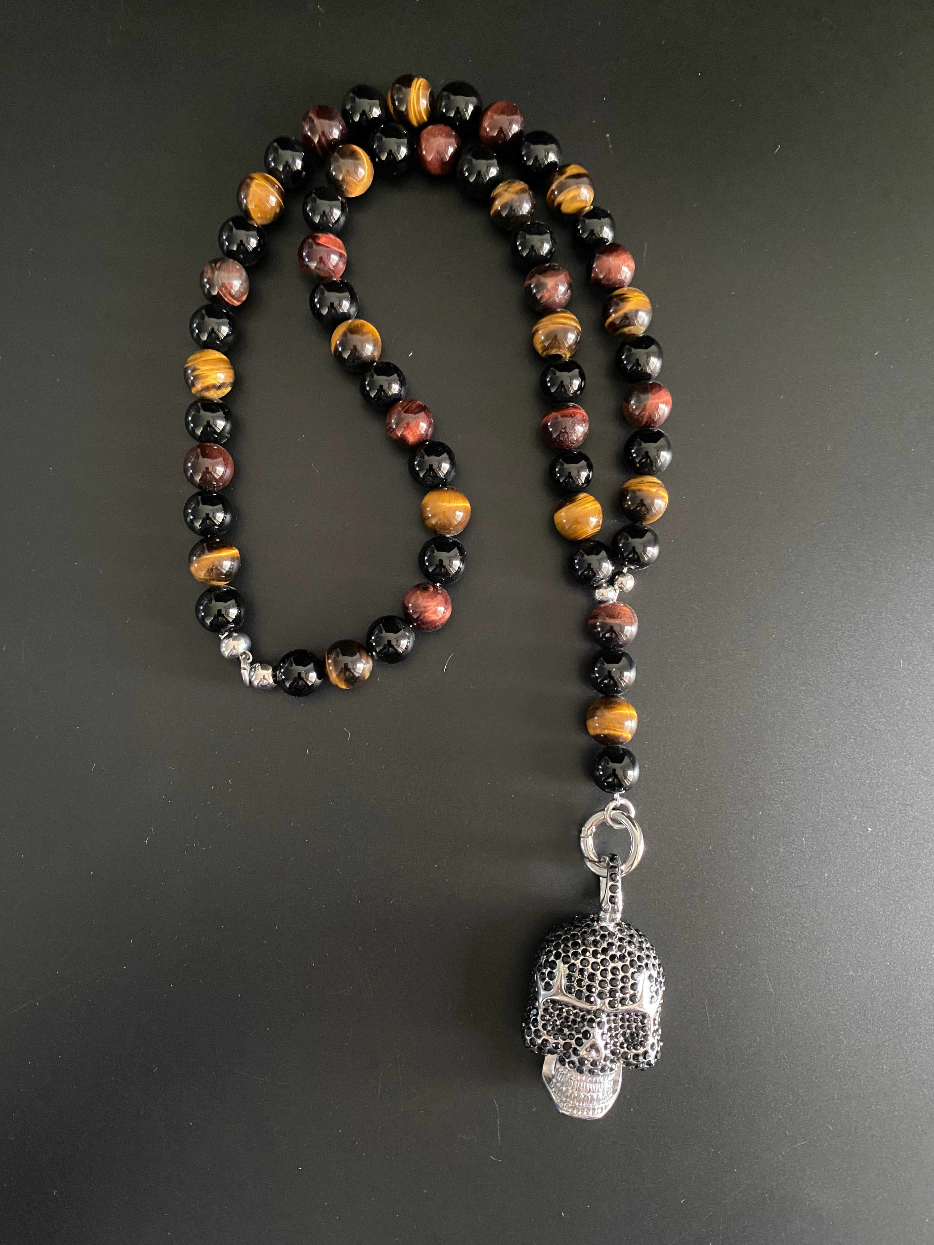 CHAPELET 12MM en Mix Œil de Tigre, Œil de Taureau & Onyx Brillante