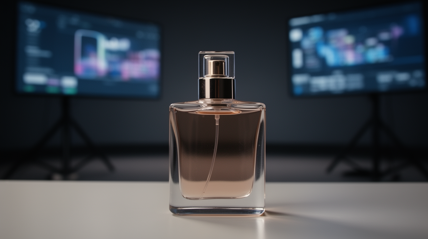 AI product video production concept showing a premium product in a cinematic commercial production environment