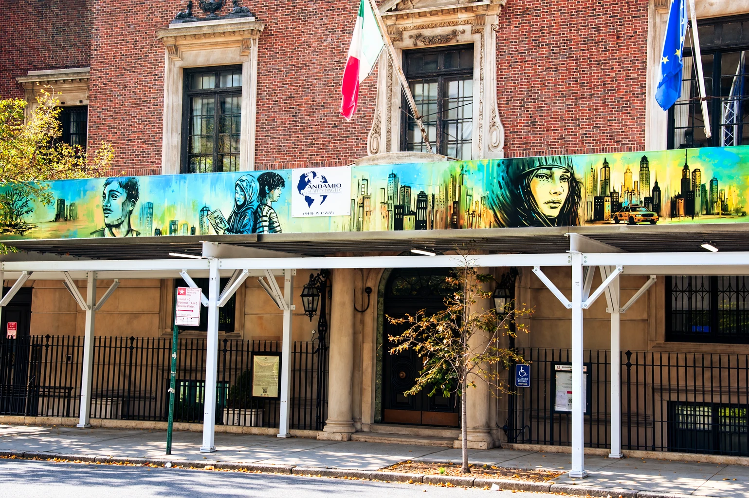 Colorful artwork and white sidewalk shed at the Consulate General of Italy, 690 Park Avenue