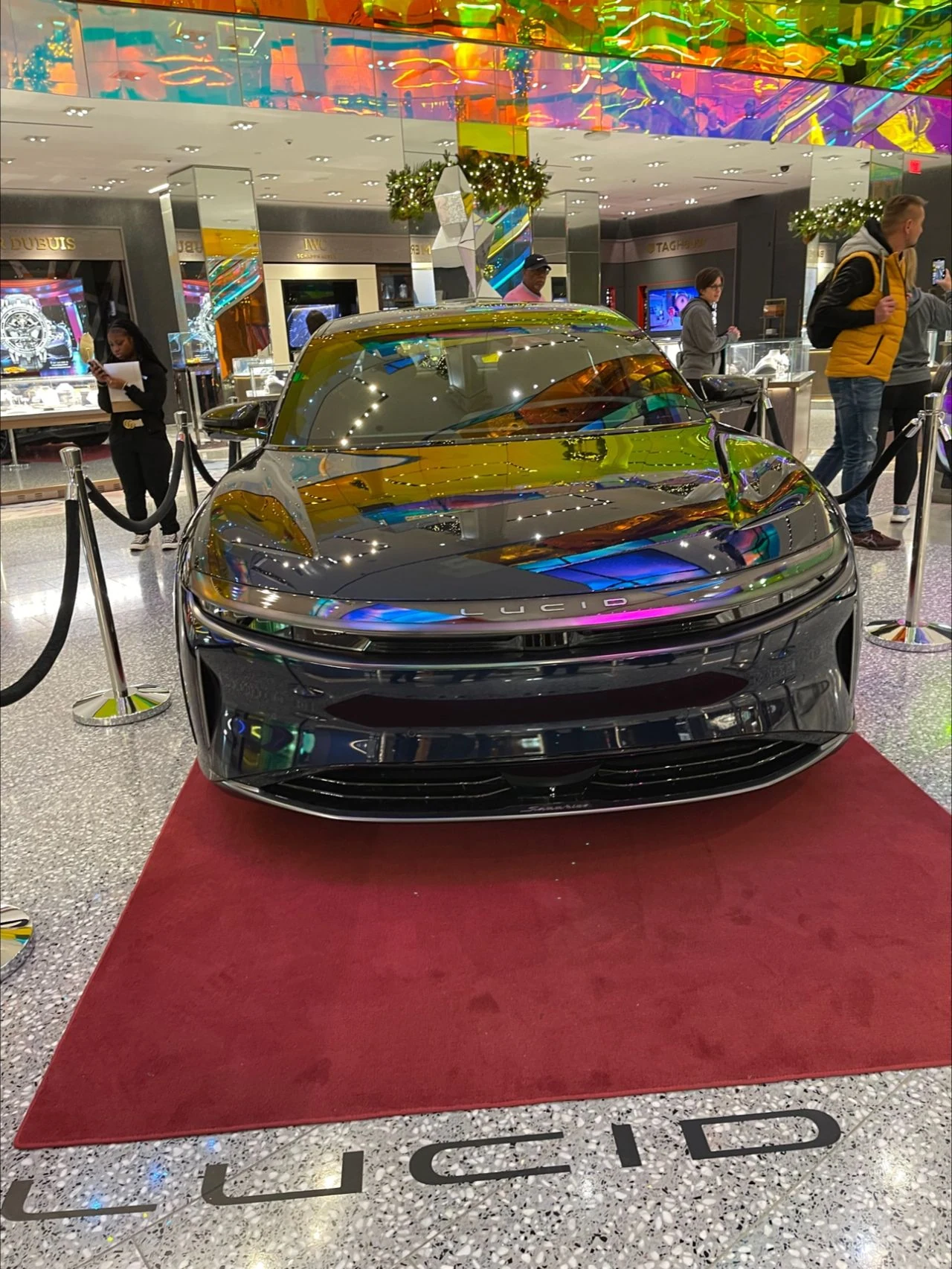 Lucid Air in position for its finished display at Saks