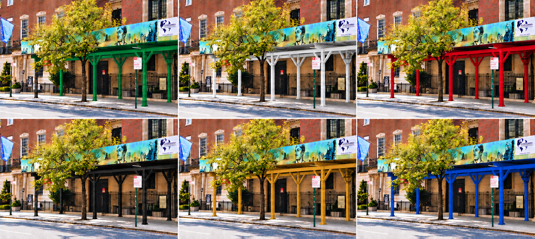 Three color studies of the Consulate General of Italy sidewalk shed: green, white, red.