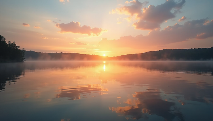 Eye-level view of a quiet lakeside at sunset with soft reflections on the water