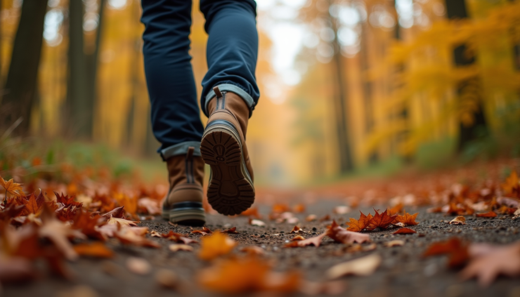 Close-up view of a person’s feet walking slowly on a forest path covered with autumn leaves