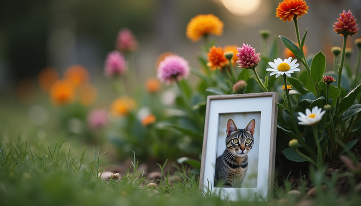 Eye-level view of a small memorial garden with flowers and a framed photo of a cat