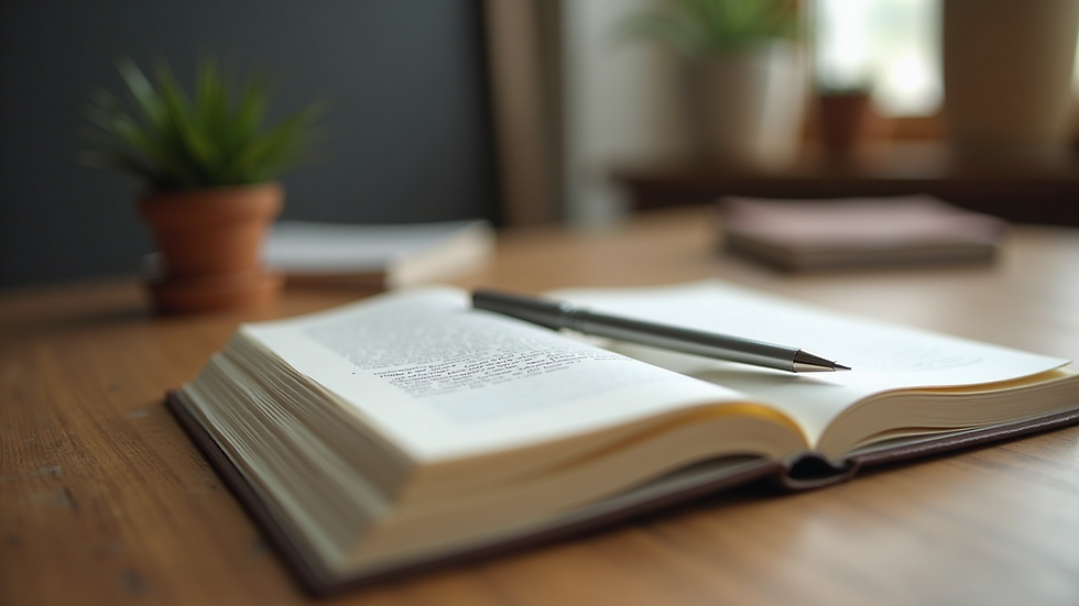 Close-up view of a journal and pen on a wooden table
