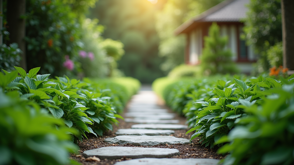 Eye-level view of a peaceful garden with green plants and a stone path