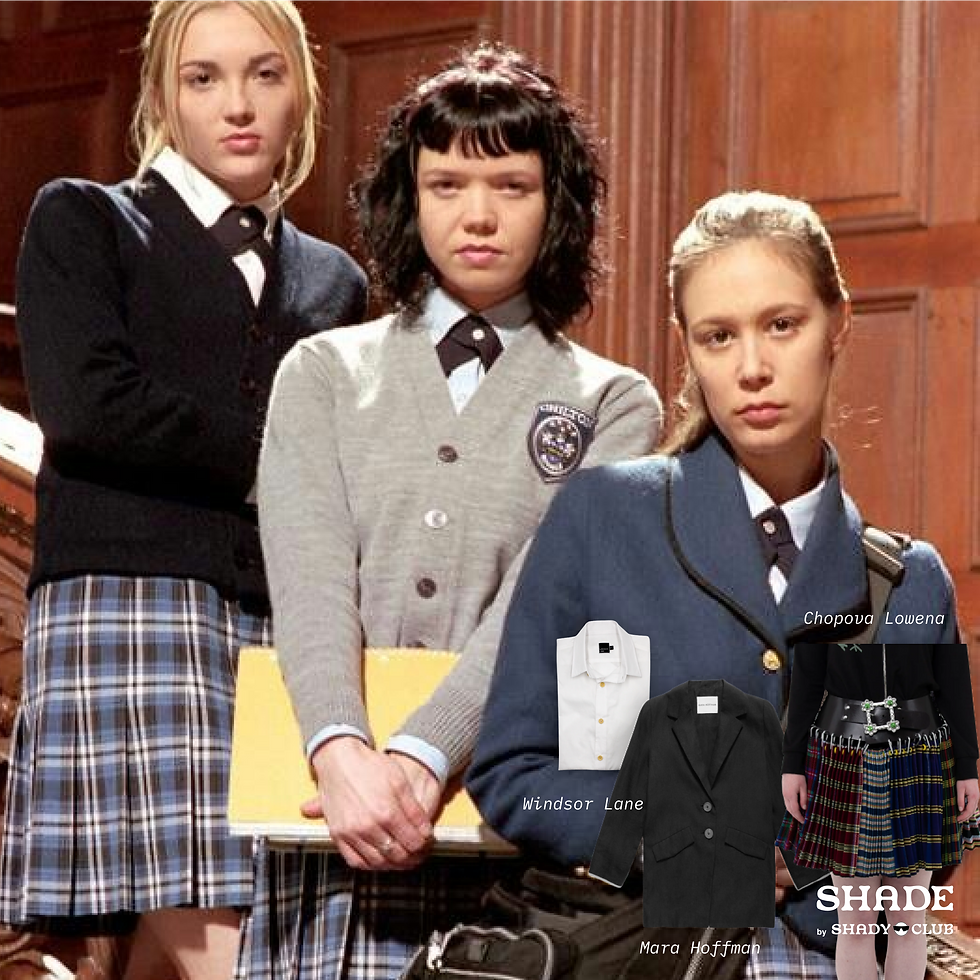 Picture of three girls from the Gilmore Girls in school uniform looking from the stairway and SHADE sustainable fashion alternatives.