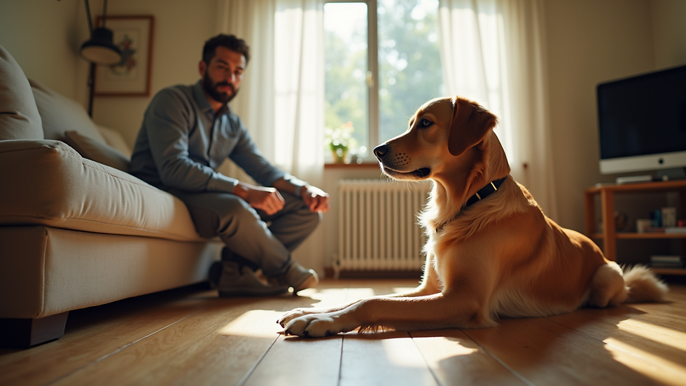 Eye-level view of a dog trainer working with a golden retriever in a living room