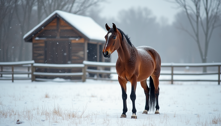 Eye-level view of a horse standing in a snowy paddock with a sturdy shelter in the background