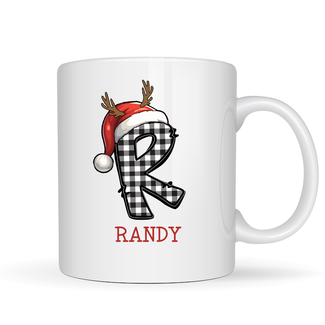 Black Plaid Christmas Initial Mug