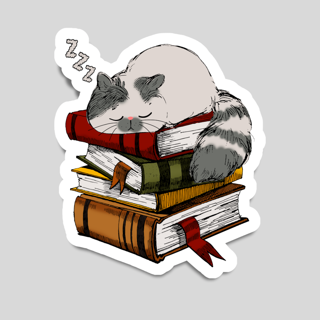 Cat on stack of books Sticker