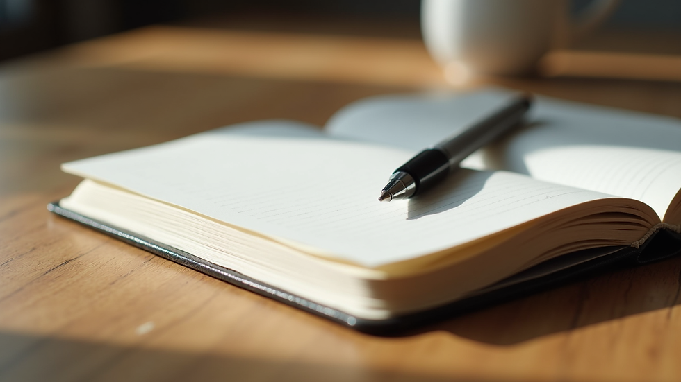 Close-up view of a journal and pen on a wooden table with soft natural light