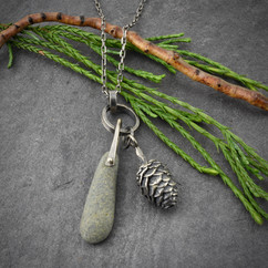 Green Beachstone and Pinecone Charm Necklace