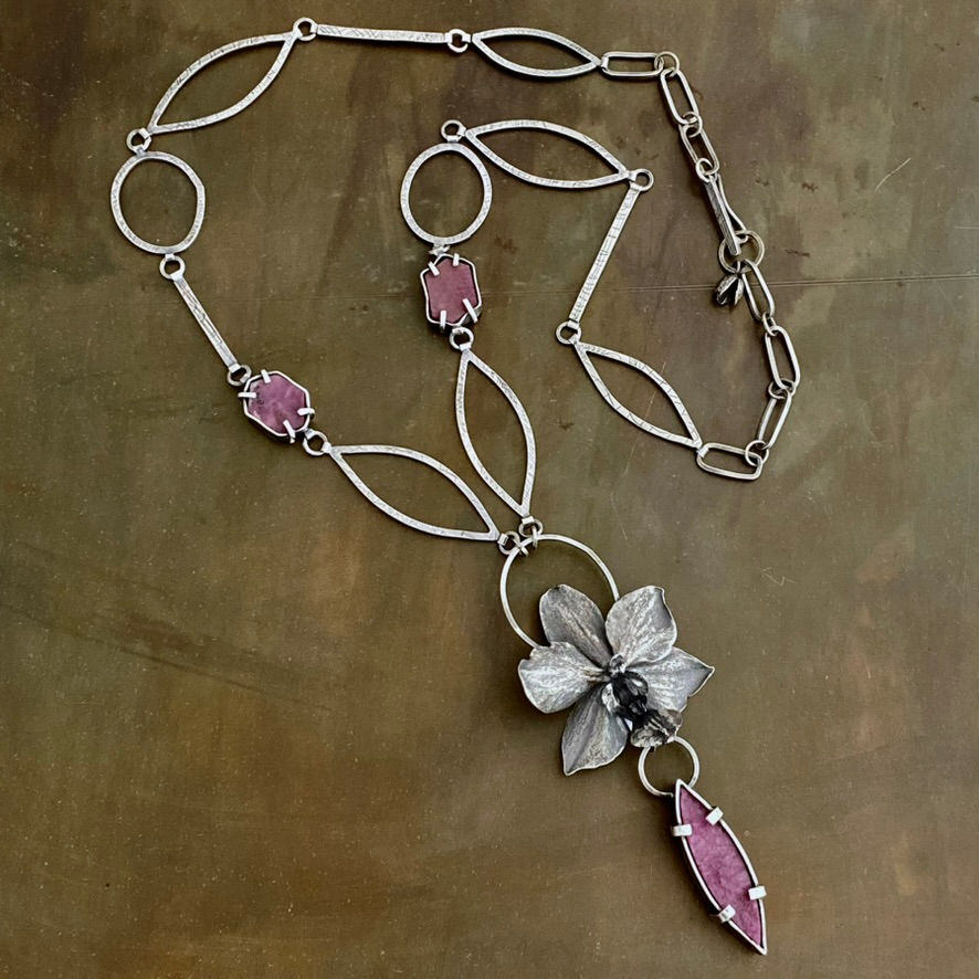 Thumbnail: Raw Ruby and Cast Orchid Necklace