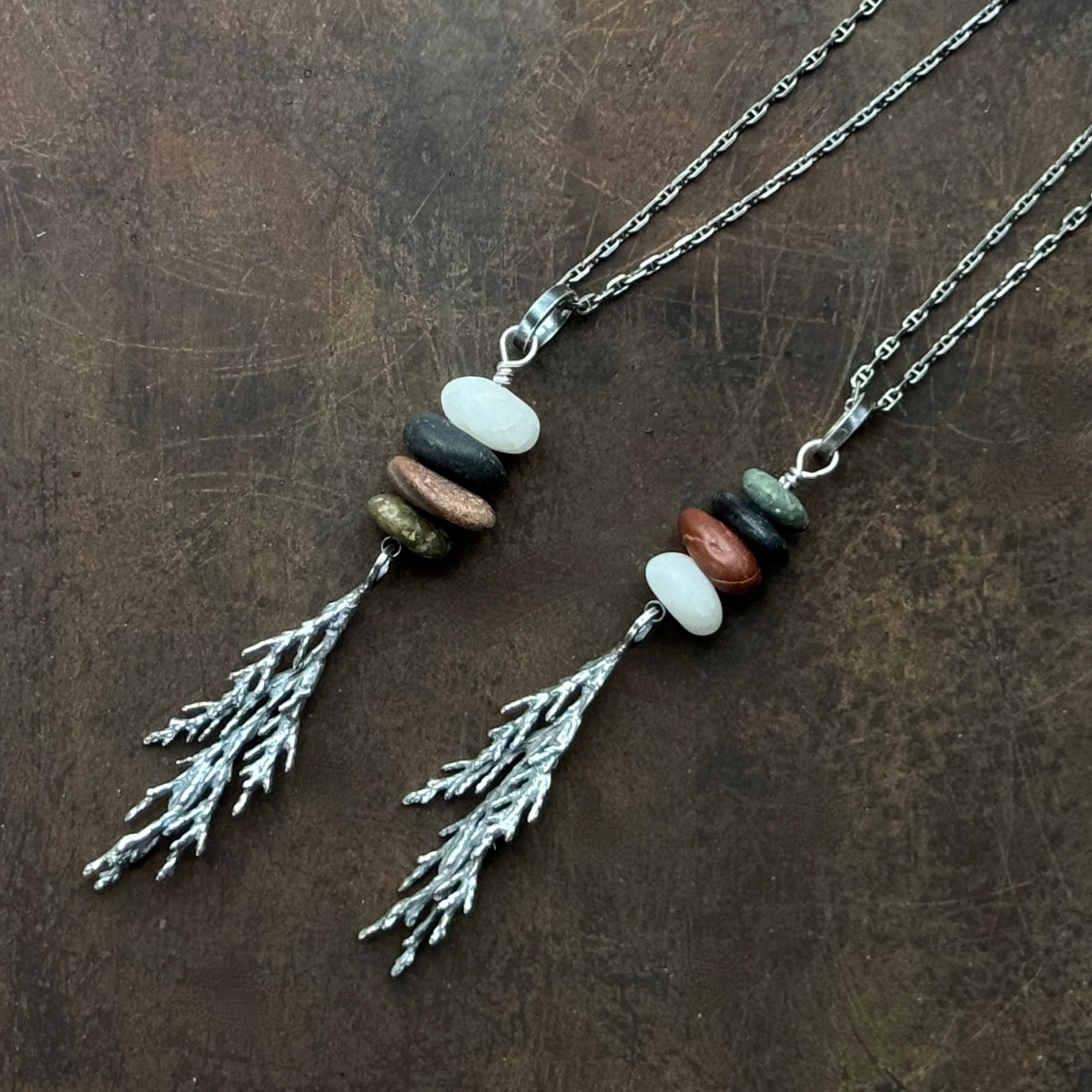 Cedar Branch and Beach Stone Necklace