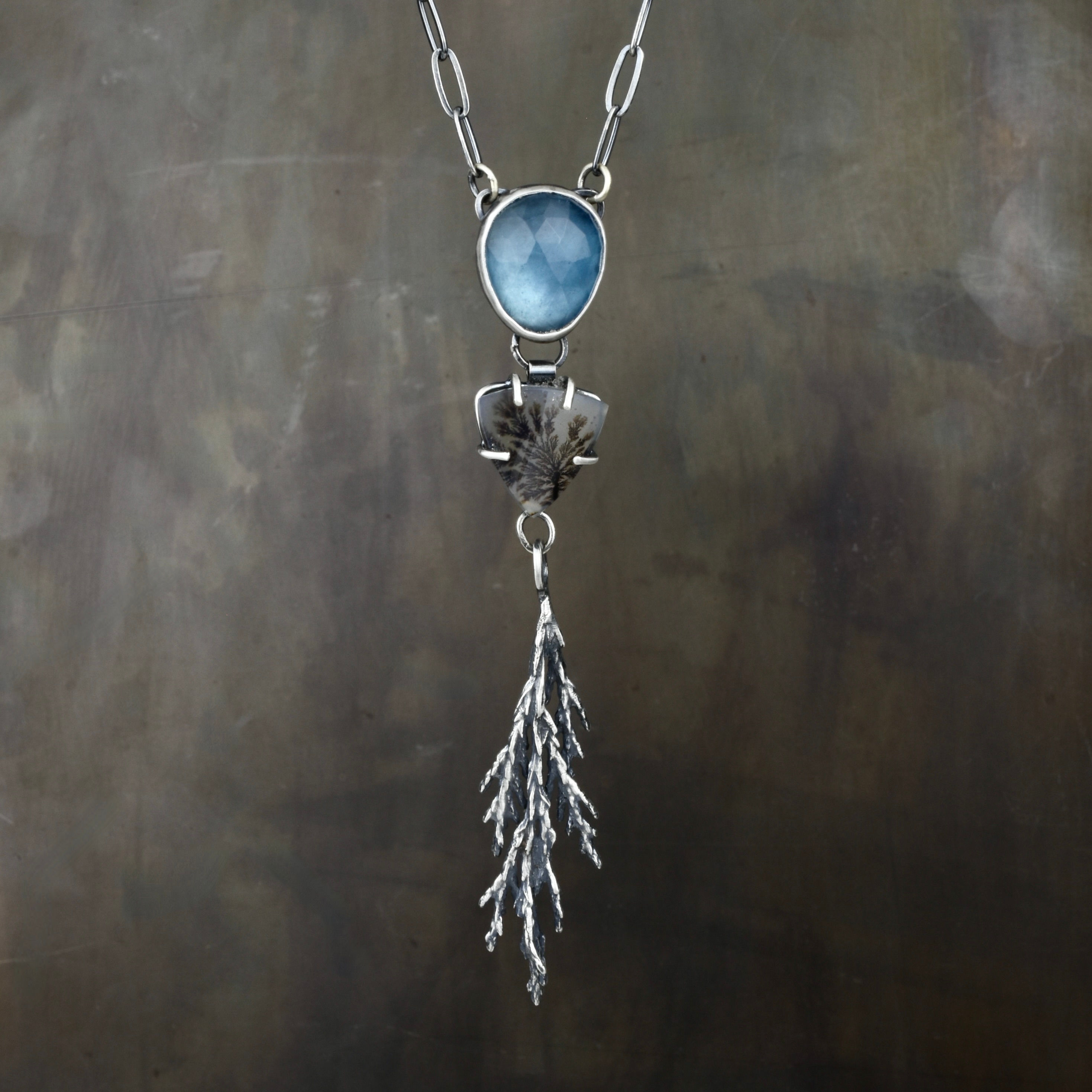 Dendritic Agate, Aquamarine and Cedar Frond Charm Necklace