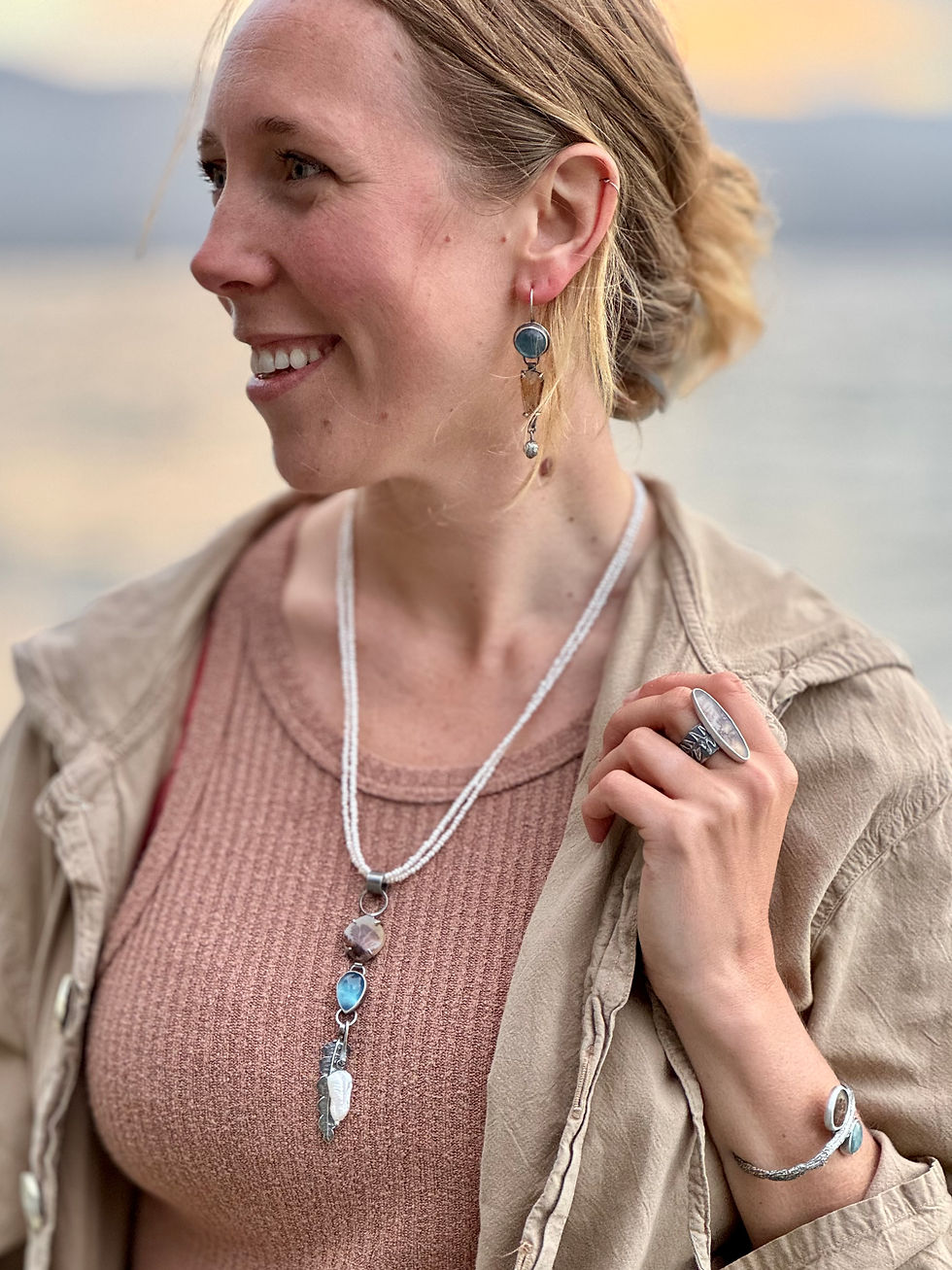 Thumbnail: Dendritic Agate, Pearls, Aquamarine and Sweetfern