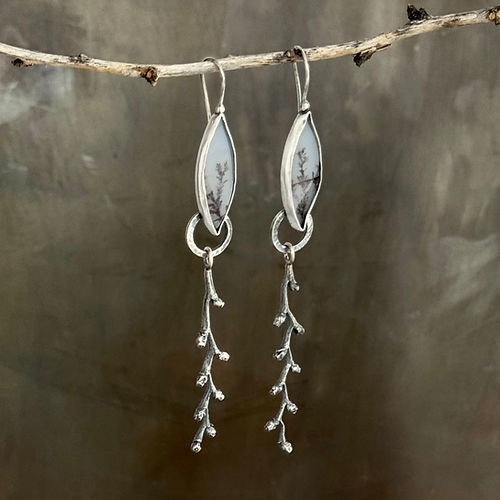 Dendritic Agate and Crocosmia Pod Earrings