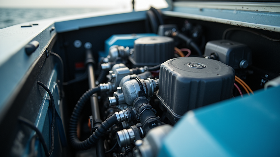 Close-up view of a boat engine compartment showing clean and organized marine systems