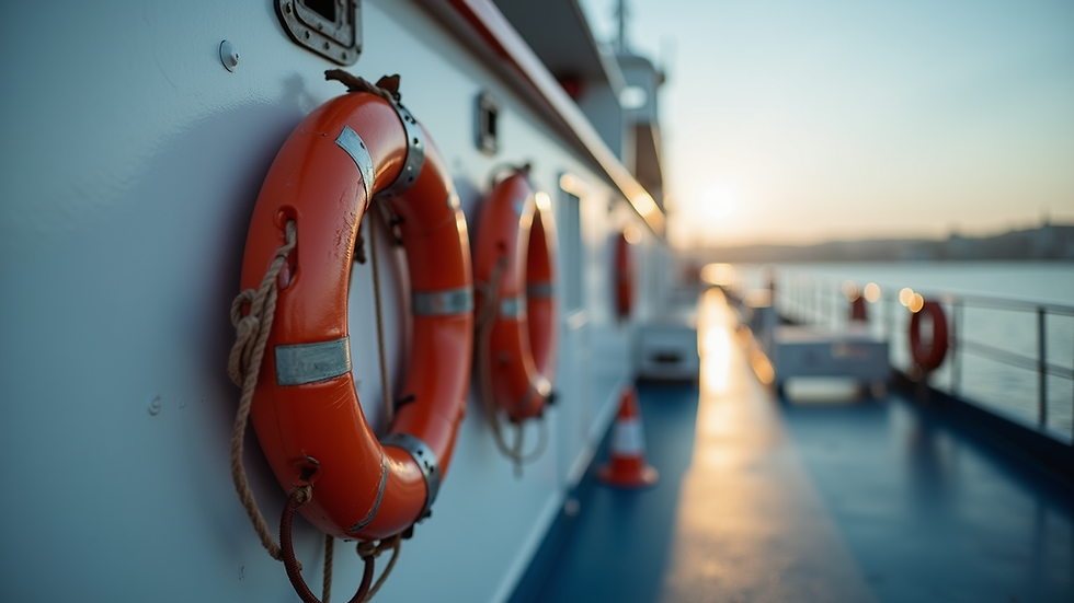 Close-up view of marine safety equipment on a boat deck