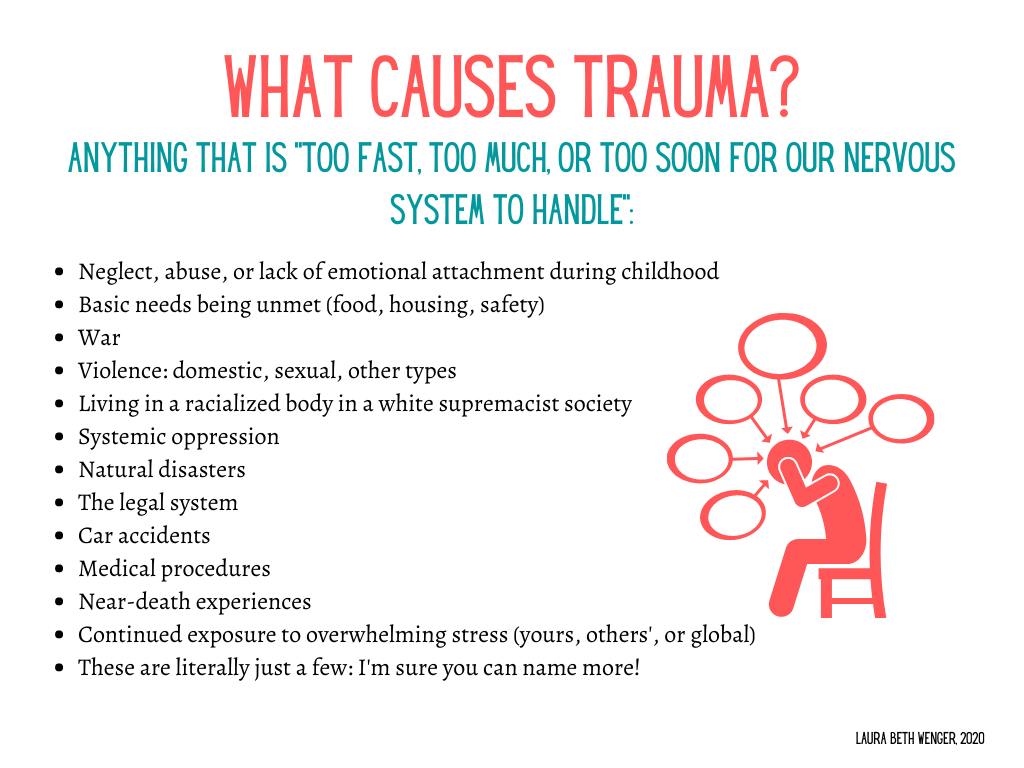 an image showing a cartoon of a stressed person. It says "What causes trauma? Anything that is too fast, too much, or too soon for our nervous systems to handle."
