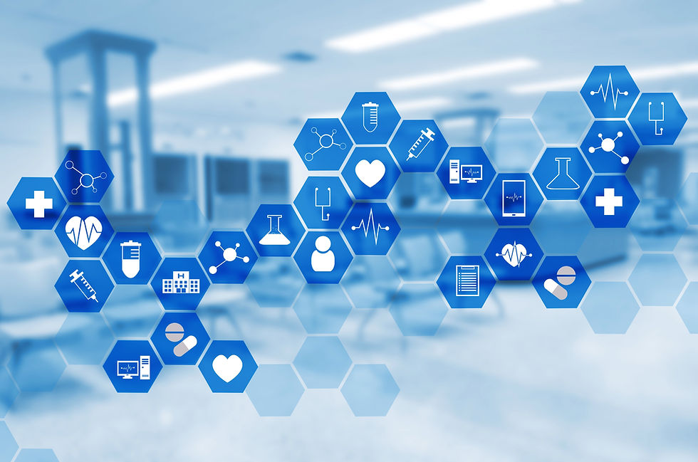 Display of blue hexagons surrounding pharmacy-related icons.